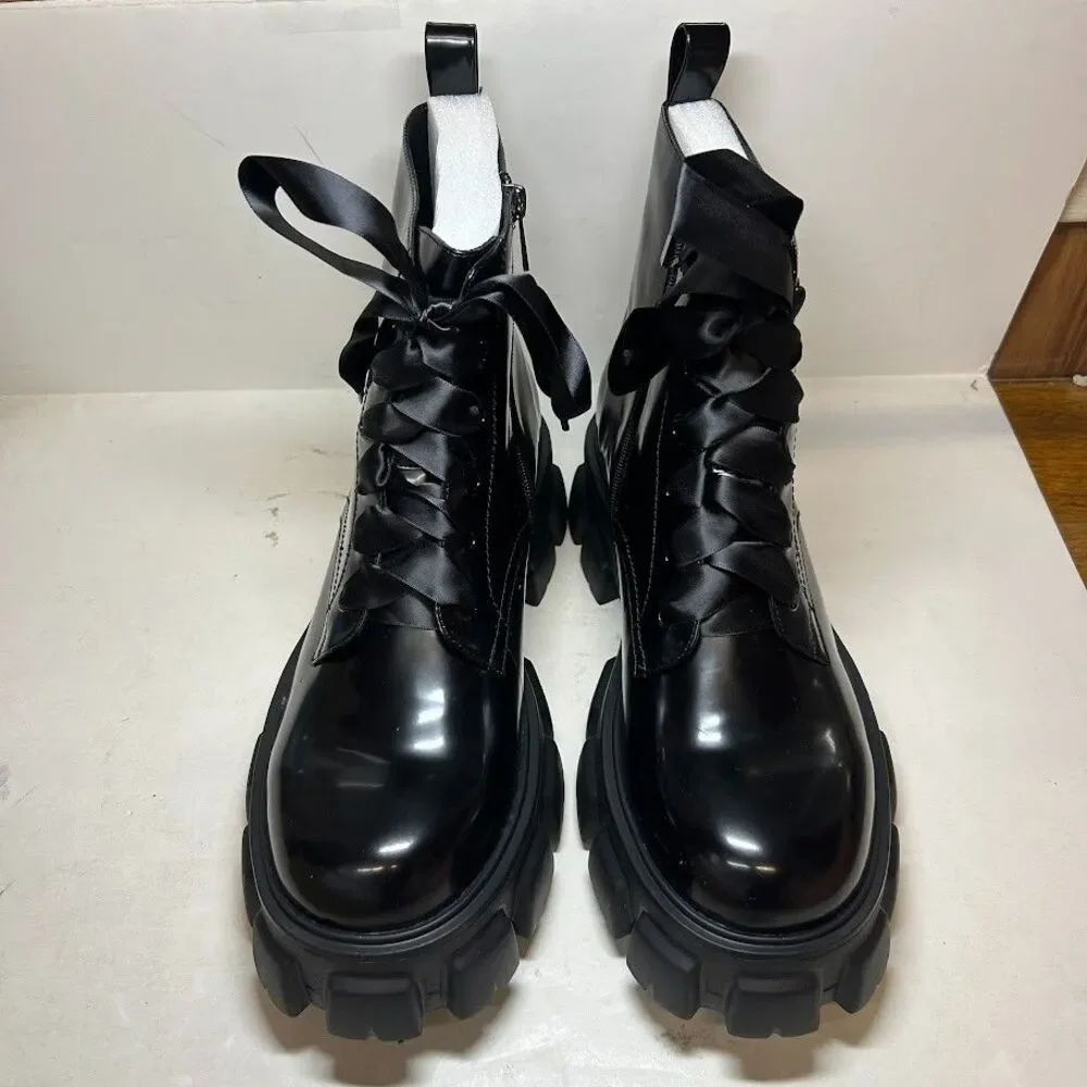 SMASH Womens 10 M Black Patent Nia Ribbon Laced Platform Booties NIB RZ7